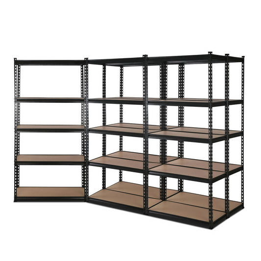 Three connected Giantz 5x1.8M Garage Shelving Warehouse Rack Pallet Racking Storage Shelve Black with heavy-duty steel construction feature multiple levels of brown wooden shelves. The shelves are empty and arranged in a corner configuration, providing ample storage space. The background is plain white.