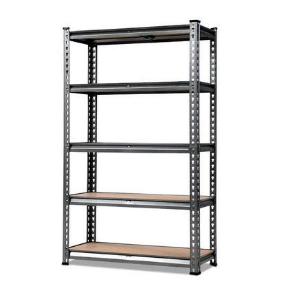 A Giantz 1.8M Garage Shelving Warehouse Rack Pallet Racking Storage Shelf Charcoal with a black frame and wooden shelves stands against a plain white background. This heavy-duty shelving unit features adjustable height shelves and perforated metal supports at the sides, ensuring both durability and versatility.