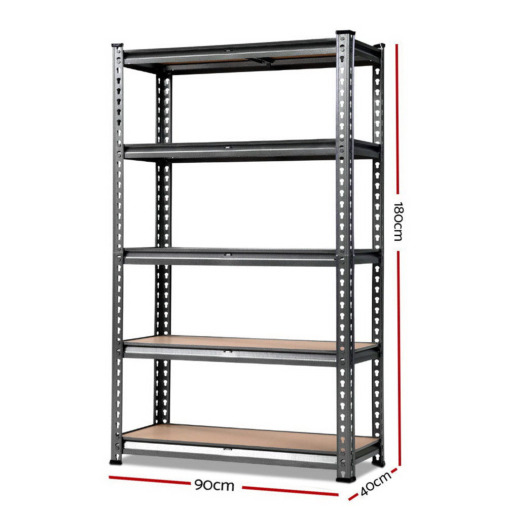 A Giantz 1.8M Garage Shelving Warehouse Rack Pallet Racking Storage Shelf Charcoal with a black frame and wooden shelves stands against a plain white background. This heavy-duty shelving unit features adjustable height shelves and perforated metal supports at the sides, ensuring both durability and versatility.