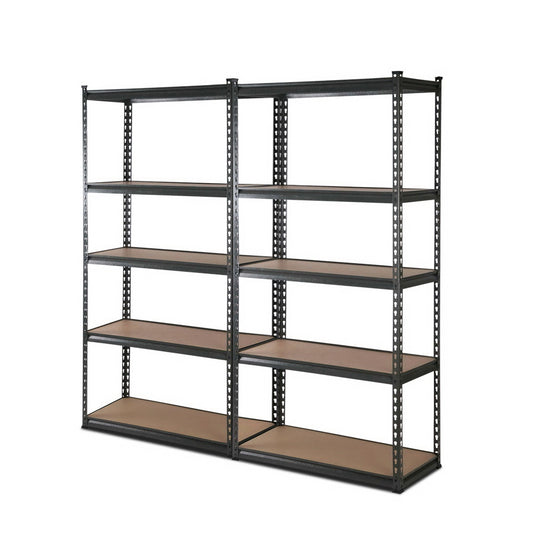 A large, heavy-duty Giantz 2x1.8M Garage Shelving Warehouse Rack Pallet Racking Storage Charcoal with two sections, each featuring five adjustable beams. The industrial steel frame is black, and the shelves appear to be made of wood or a wood-like material. The unit is empty, showcasing its immense storage capacity and sturdy construction.