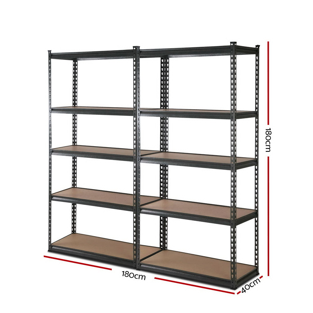 A large, heavy-duty Giantz 2x1.8M Garage Shelving Warehouse Rack Pallet Racking Storage Charcoal with two sections, each featuring five adjustable beams. The industrial steel frame is black, and the shelves appear to be made of wood or a wood-like material. The unit is empty, showcasing its immense storage capacity and sturdy construction.