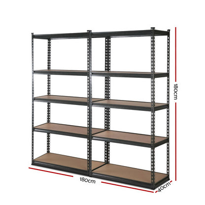 A large, heavy-duty Giantz 2x1.8M Garage Shelving Warehouse Rack Pallet Racking Storage Charcoal with two sections, each featuring five adjustable beams. The industrial steel frame is black, and the shelves appear to be made of wood or a wood-like material. The unit is empty, showcasing its immense storage capacity and sturdy construction.