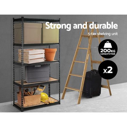 A large, heavy-duty Giantz 2x1.8M Garage Shelving Warehouse Rack Pallet Racking Storage Charcoal with two sections, each featuring five adjustable beams. The industrial steel frame is black, and the shelves appear to be made of wood or a wood-like material. The unit is empty, showcasing its immense storage capacity and sturdy construction.