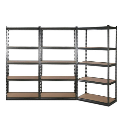 A set of 3x1.8M 5-Shelves Steel Warehouse Shelving Racking Garage Storage Rack Grey, featuring heavy-duty metal frames and five wooden shelves each. The units are arranged in an L shape, providing ample storage space. With adjustable beams and an industrial design, they're perfect for organizing a garage, workshop, or warehouse.