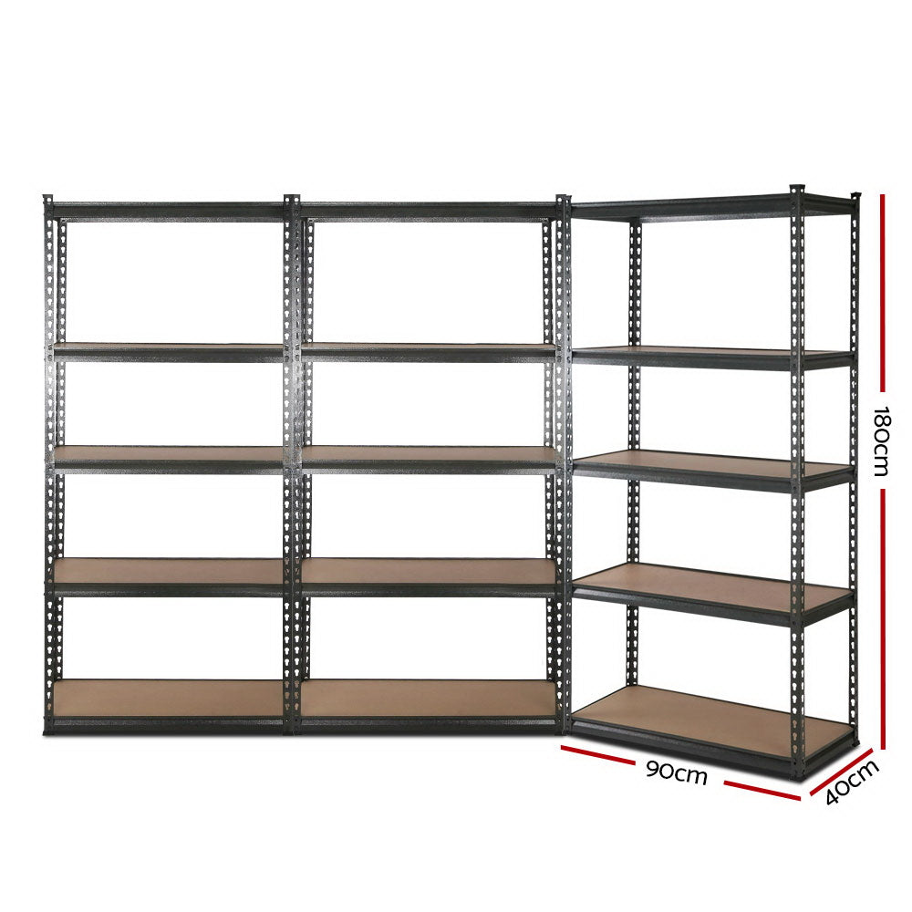 A set of 3x1.8M 5-Shelves Steel Warehouse Shelving Racking Garage Storage Rack Grey, featuring heavy-duty metal frames and five wooden shelves each. The units are arranged in an L shape, providing ample storage space. With adjustable beams and an industrial design, they're perfect for organizing a garage, workshop, or warehouse.