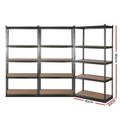 A set of 3x1.8M 5-Shelves Steel Warehouse Shelving Racking Garage Storage Rack Grey, featuring heavy-duty metal frames and five wooden shelves each. The units are arranged in an L shape, providing ample storage space. With adjustable beams and an industrial design, they're perfect for organizing a garage, workshop, or warehouse.