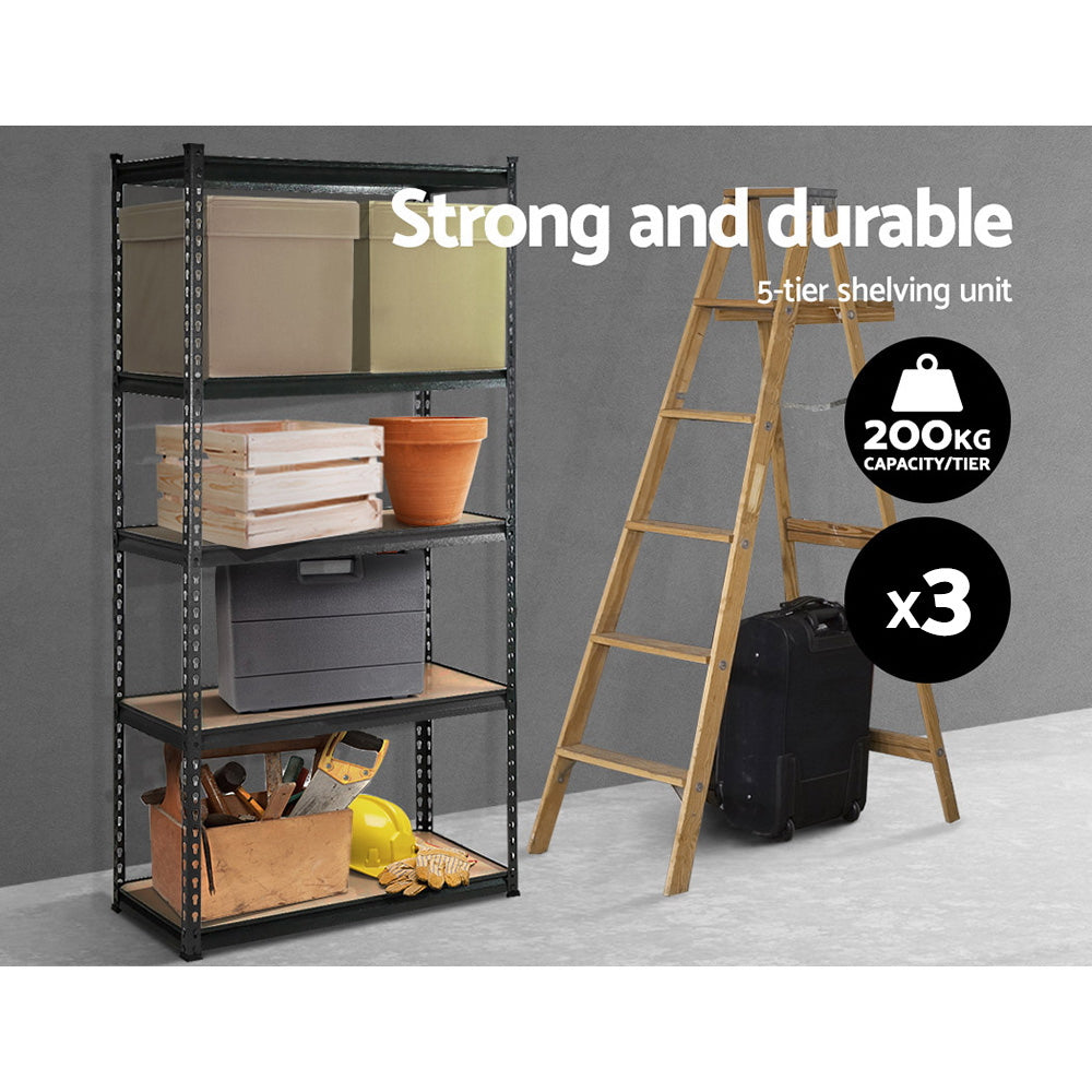 A set of 3x1.8M 5-Shelves Steel Warehouse Shelving Racking Garage Storage Rack Grey, featuring heavy-duty metal frames and five wooden shelves each. The units are arranged in an L shape, providing ample storage space. With adjustable beams and an industrial design, they're perfect for organizing a garage, workshop, or warehouse.