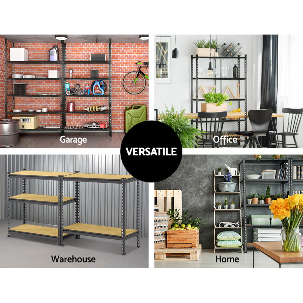 A set of 3x1.8M 5-Shelves Steel Warehouse Shelving Racking Garage Storage Rack Grey, featuring heavy-duty metal frames and five wooden shelves each. The units are arranged in an L shape, providing ample storage space. With adjustable beams and an industrial design, they're perfect for organizing a garage, workshop, or warehouse.