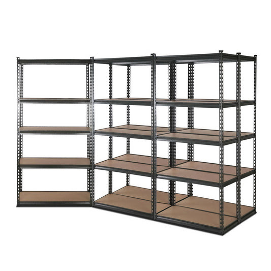 Two Giantz 5x1.8M Garage Shelving Warehouse Rack Pallet Racking Storage Charcoal units are positioned side by side, each featuring five levels of shelves made of wood. The adjustable beams enhance their versatility, while the heavy-duty steel construction ensures they provide ample space for storing various items in an organized manner.