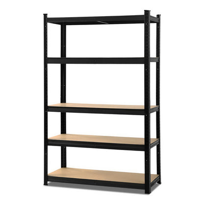 A black metal shelving unit with five wooden shelves, ideal for storage and organization. The Giantz 1.8M Warehouse Racking Rack Shelving Garage Storage Steel Metal Shelves features evenly spaced shelves supported by a sturdy frame with perforated columns and adjustable beams for customizable shelf height. The unit is set against a plain white background.