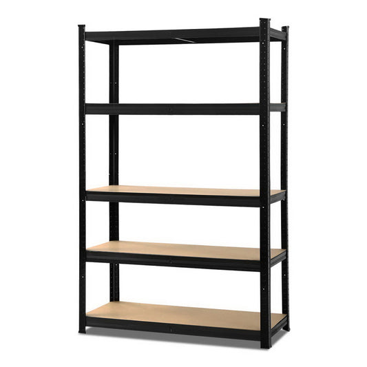 A black metal shelving unit with five wooden shelves, ideal for storage and organization. The Giantz 1.8M Warehouse Racking Rack Shelving Garage Storage Steel Metal Shelves features evenly spaced shelves supported by a sturdy frame with perforated columns and adjustable beams for customizable shelf height. The unit is set against a plain white background.