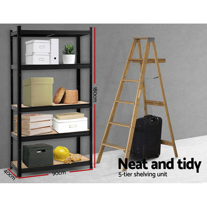 A black metal shelving unit with five wooden shelves, ideal for storage and organization. The Giantz 1.8M Warehouse Racking Rack Shelving Garage Storage Steel Metal Shelves features evenly spaced shelves supported by a sturdy frame with perforated columns and adjustable beams for customizable shelf height. The unit is set against a plain white background.