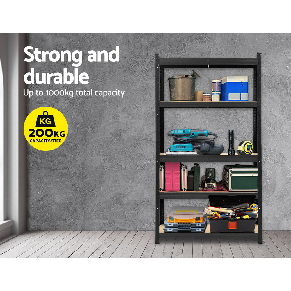 A black metal shelving unit with five wooden shelves, ideal for storage and organization. The Giantz 1.8M Warehouse Racking Rack Shelving Garage Storage Steel Metal Shelves features evenly spaced shelves supported by a sturdy frame with perforated columns and adjustable beams for customizable shelf height. The unit is set against a plain white background.