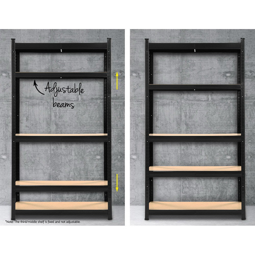 A black metal shelving unit with five wooden shelves, ideal for storage and organization. The Giantz 1.8M Warehouse Racking Rack Shelving Garage Storage Steel Metal Shelves features evenly spaced shelves supported by a sturdy frame with perforated columns and adjustable beams for customizable shelf height. The unit is set against a plain white background.