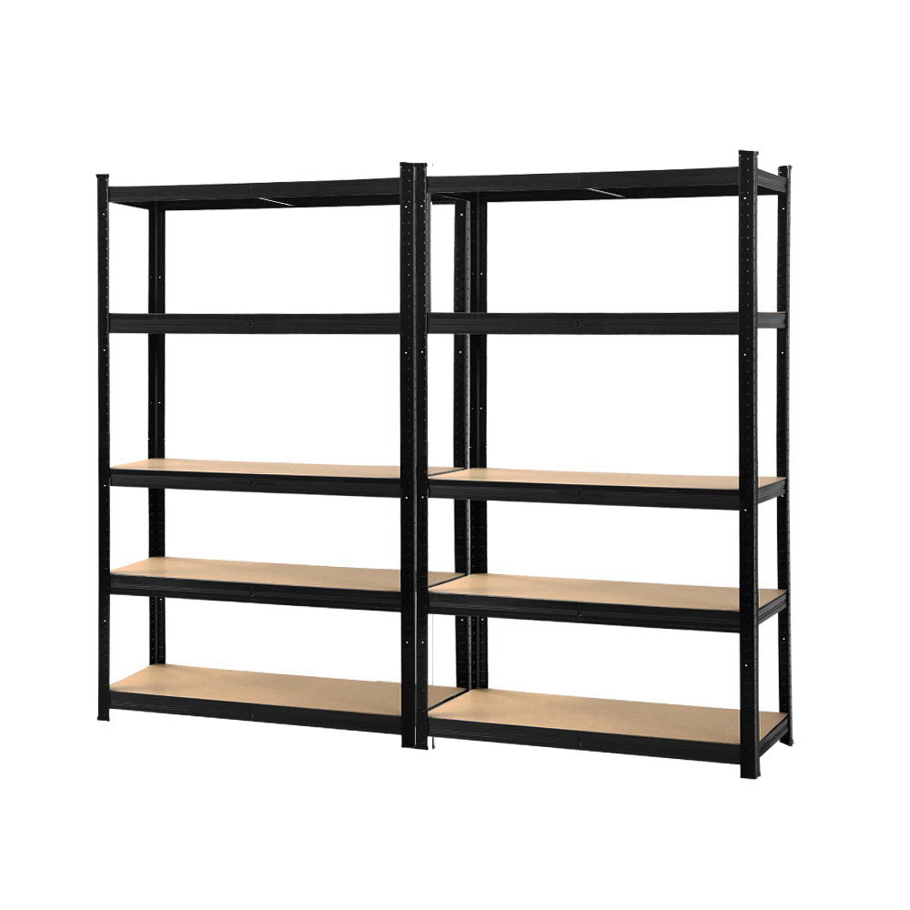 The Giantz 2x1.8M Garage Shelving Warehouse Rack Pallet Racking Storage Shelf Black features a black metal shelving unit with five adjustable wooden shelves, set against a white background. With its heavy-duty steel construction, the unit appears sturdy and ideal for organizing or storing items in a garage, workshop, or storage room.