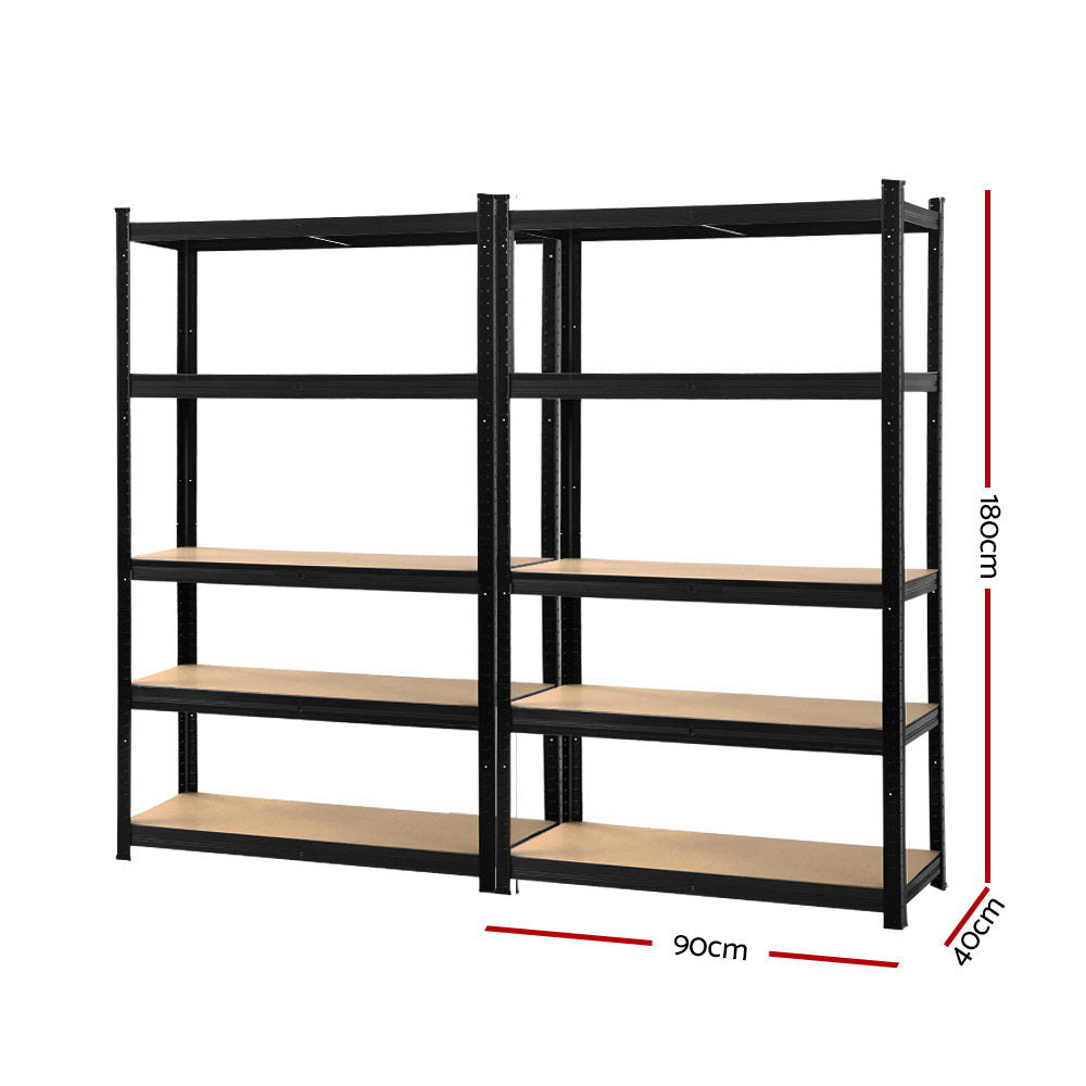 The Giantz 2x1.8M Garage Shelving Warehouse Rack Pallet Racking Storage Shelf Black features a black metal shelving unit with five adjustable wooden shelves, set against a white background. With its heavy-duty steel construction, the unit appears sturdy and ideal for organizing or storing items in a garage, workshop, or storage room.