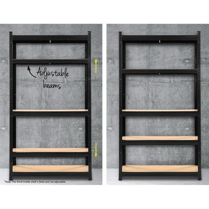 The Giantz 2x1.8M Garage Shelving Warehouse Rack Pallet Racking Storage Shelf Black features a black metal shelving unit with five adjustable wooden shelves, set against a white background. With its heavy-duty steel construction, the unit appears sturdy and ideal for organizing or storing items in a garage, workshop, or storage room.