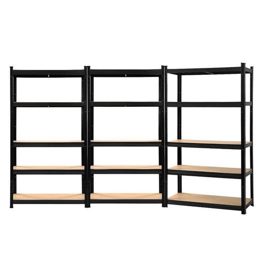 Three black **Giantz 3x1.8M Garage Shelving Warehouse Rack Pallet Racking Storage Shelf Black** units with multiple wooden shelves are arranged side by side, with the one on the right positioned at a slight angle. Each heavy-duty shelving unit has five adjustable beam shelves, offering ample storage space. The background is plain and unobstructed.