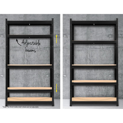 Three black **Giantz 3x1.8M Garage Shelving Warehouse Rack Pallet Racking Storage Shelf Black** units with multiple wooden shelves are arranged side by side, with the one on the right positioned at a slight angle. Each heavy-duty shelving unit has five adjustable beam shelves, offering ample storage space. The background is plain and unobstructed.