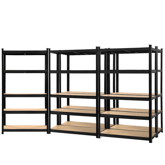 Three black Giantz 5x1.8M Garage Shelving Warehouse Rack Pallet Racking Storage Shelf units with five wooden shelves each, arranged in a row. The shelves are empty and the units are placed on a white background. The industrial design features heavy-duty steel construction and adjustable beams, suitable for storage in garages, basements, or warehouses.