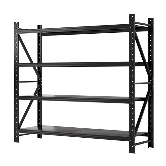 A large, heavy-duty black metal shelving unit with four adjustable shelf heights. The frame is constructed of industrial-strength steel beams and posts, featuring multiple holes for custom shelf placement. The shelves are flat and spacious, suitable for storage in garages or warehouses.

Introducing the Giantz 2MX1.8M Garage Shelving Warehouse Rack Pallet Storage Shelves Racking: a perfect solution for all your storage needs in garages or warehouses!