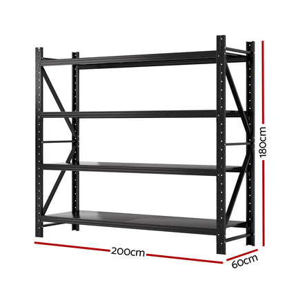 A large, heavy-duty black metal shelving unit with four adjustable shelf heights. The frame is constructed of industrial-strength steel beams and posts, featuring multiple holes for custom shelf placement. The shelves are flat and spacious, suitable for storage in garages or warehouses.

Introducing the Giantz 2MX1.8M Garage Shelving Warehouse Rack Pallet Storage Shelves Racking: a perfect solution for all your storage needs in garages or warehouses!