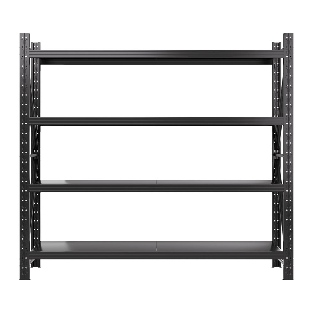 A large, heavy-duty black metal shelving unit with four adjustable shelf heights. The frame is constructed of industrial-strength steel beams and posts, featuring multiple holes for custom shelf placement. The shelves are flat and spacious, suitable for storage in garages or warehouses.

Introducing the Giantz 2MX1.8M Garage Shelving Warehouse Rack Pallet Storage Shelves Racking: a perfect solution for all your storage needs in garages or warehouses!