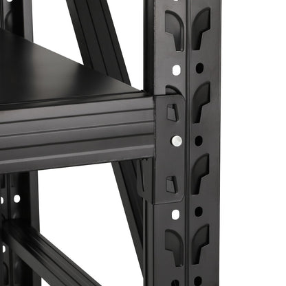 A large, heavy-duty black metal shelving unit with four adjustable shelf heights. The frame is constructed of industrial-strength steel beams and posts, featuring multiple holes for custom shelf placement. The shelves are flat and spacious, suitable for storage in garages or warehouses.

Introducing the Giantz 2MX1.8M Garage Shelving Warehouse Rack Pallet Storage Shelves Racking: a perfect solution for all your storage needs in garages or warehouses!