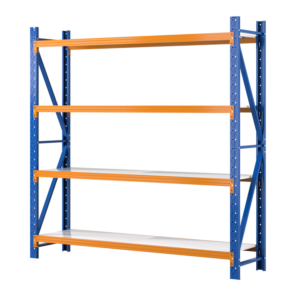 A Giantz 2Mx2M Garage Shelving Warehouse Rack Pallet Racking Storage Shelf Blue with blue vertical supports and orange horizontal beams. The heavy-duty shelving has four levels and white shelves designed for robust storage, commonly used in warehouses or garages. Additionally, the adjustable shelf height offers versatile organization options.