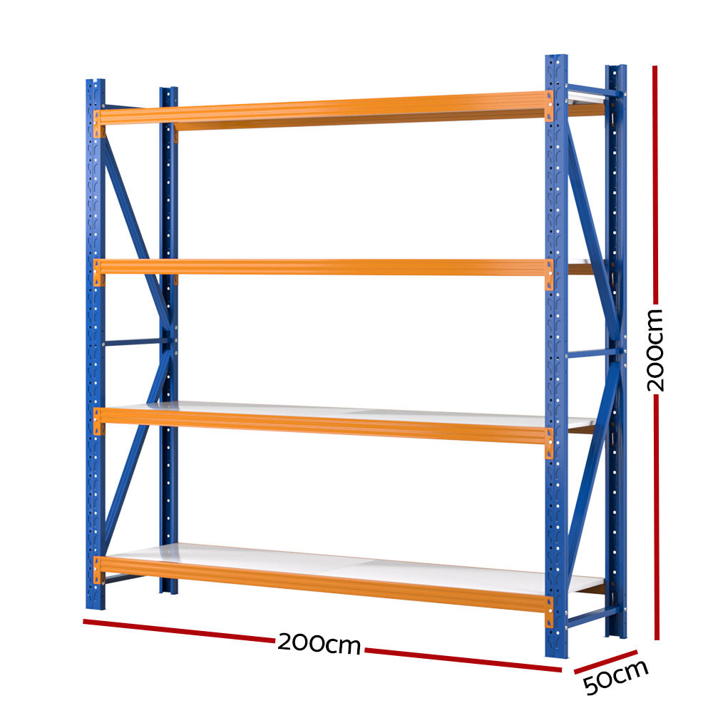 A Giantz 2Mx2M Garage Shelving Warehouse Rack Pallet Racking Storage Shelf Blue with blue vertical supports and orange horizontal beams. The heavy-duty shelving has four levels and white shelves designed for robust storage, commonly used in warehouses or garages. Additionally, the adjustable shelf height offers versatile organization options.