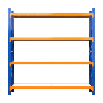 A Giantz 2Mx2M Garage Shelving Warehouse Rack Pallet Racking Storage Shelf Blue with blue vertical supports and orange horizontal beams. The heavy-duty shelving has four levels and white shelves designed for robust storage, commonly used in warehouses or garages. Additionally, the adjustable shelf height offers versatile organization options.