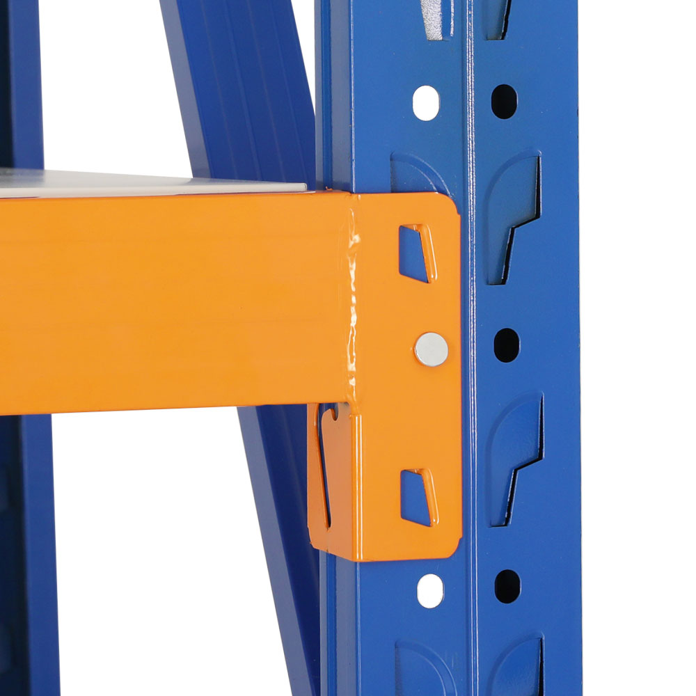 A Giantz 2Mx2M Garage Shelving Warehouse Rack Pallet Racking Storage Shelf Blue with blue vertical supports and orange horizontal beams. The heavy-duty shelving has four levels and white shelves designed for robust storage, commonly used in warehouses or garages. Additionally, the adjustable shelf height offers versatile organization options.