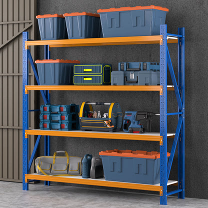 A Giantz 2Mx2M Garage Shelving Warehouse Rack Pallet Racking Storage Shelf Blue with blue vertical supports and orange horizontal beams. The heavy-duty shelving has four levels and white shelves designed for robust storage, commonly used in warehouses or garages. Additionally, the adjustable shelf height offers versatile organization options.