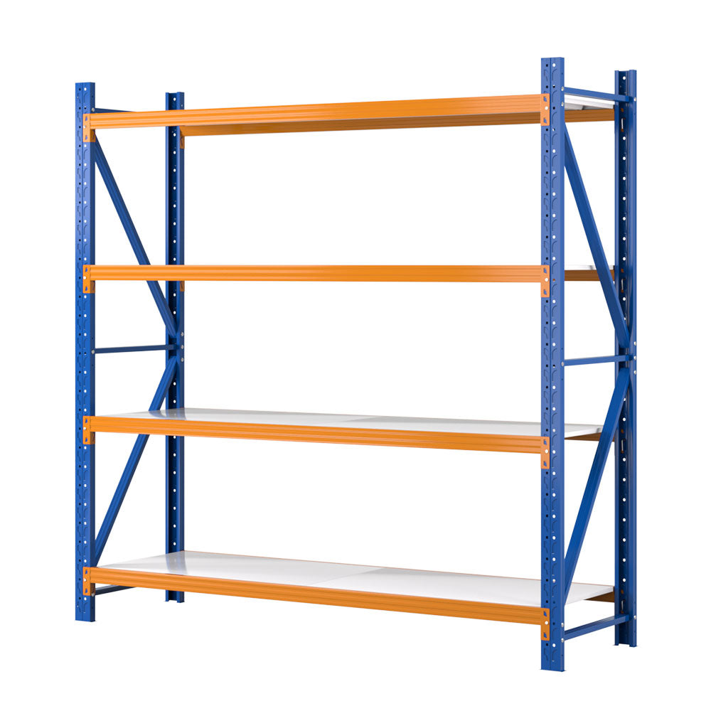 A Giantz 2Mx2M Garage Shelving Warehouse Rack Pallet Racking Storage Shelf Blue with four shelves made of industrial-strength steel. The heavy-duty shelving unit appears sturdy, ideal for warehouses, garages, or other storage needs. The shelves are evenly spaced and feature adjustable shelf height options.