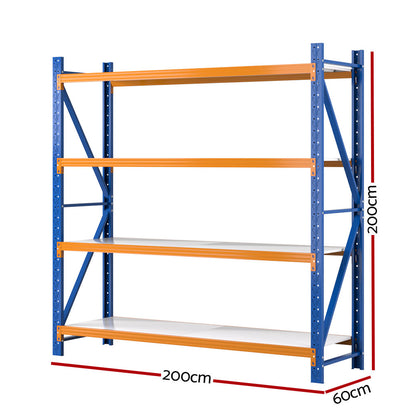 A Giantz 2Mx2M Garage Shelving Warehouse Rack Pallet Racking Storage Shelf Blue with four shelves made of industrial-strength steel. The heavy-duty shelving unit appears sturdy, ideal for warehouses, garages, or other storage needs. The shelves are evenly spaced and feature adjustable shelf height options.