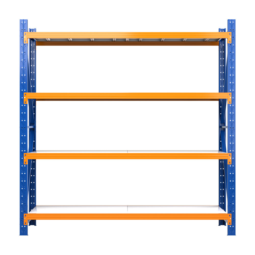 A Giantz 2Mx2M Garage Shelving Warehouse Rack Pallet Racking Storage Shelf Blue with four shelves made of industrial-strength steel. The heavy-duty shelving unit appears sturdy, ideal for warehouses, garages, or other storage needs. The shelves are evenly spaced and feature adjustable shelf height options.