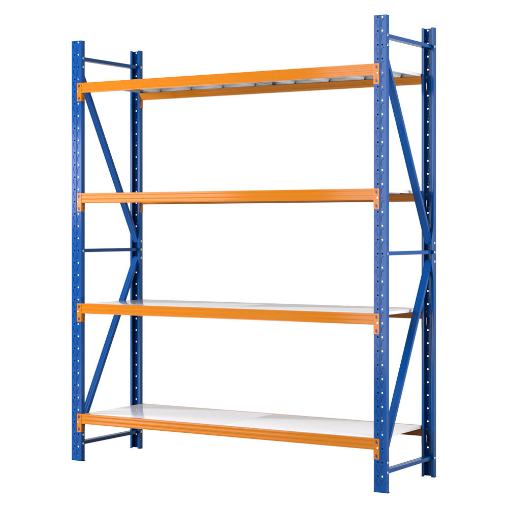 A Giantz 2.4Mx2M Garage Shelving Warehouse Rack Pallet Racking Storage Shelf Blue with four shelves. The structure has blue vertical supports with orange horizontal beams, white shelf panels, and is made of industrial-strength steel. Each shelf boasts a 200kg capacity. The unit stands alone against a white background.