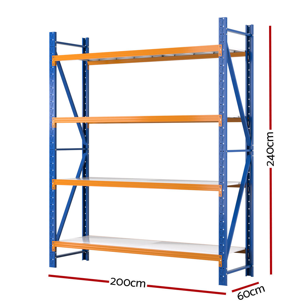 A Giantz 2.4Mx2M Garage Shelving Warehouse Rack Pallet Racking Storage Shelf Blue with four shelves. The structure has blue vertical supports with orange horizontal beams, white shelf panels, and is made of industrial-strength steel. Each shelf boasts a 200kg capacity. The unit stands alone against a white background.