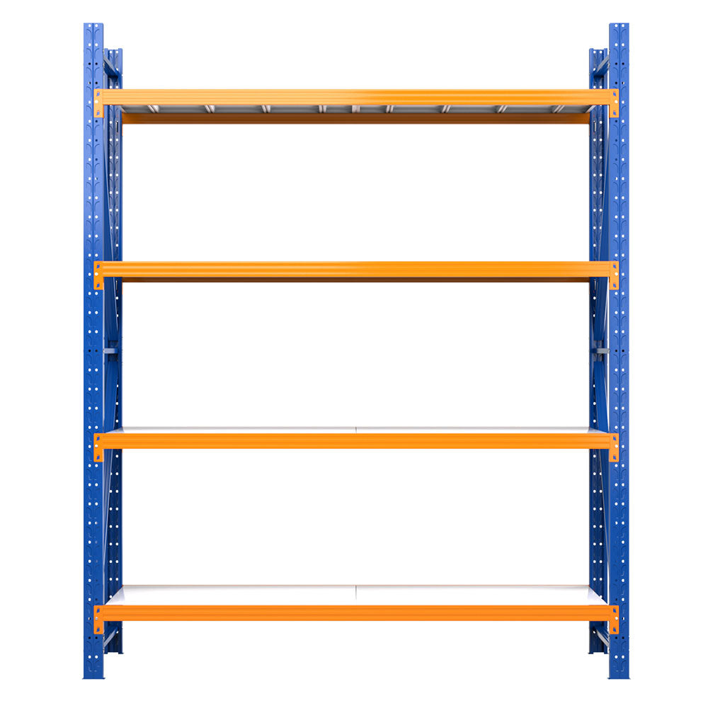 A Giantz 2.4Mx2M Garage Shelving Warehouse Rack Pallet Racking Storage Shelf Blue with four shelves. The structure has blue vertical supports with orange horizontal beams, white shelf panels, and is made of industrial-strength steel. Each shelf boasts a 200kg capacity. The unit stands alone against a white background.