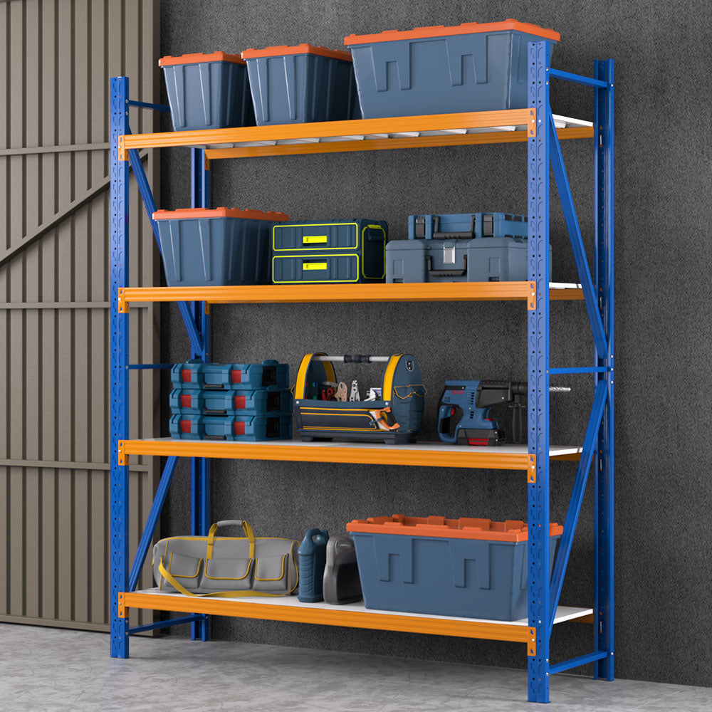 A Giantz 2.4Mx2M Garage Shelving Warehouse Rack Pallet Racking Storage Shelf Blue with four shelves. The structure has blue vertical supports with orange horizontal beams, white shelf panels, and is made of industrial-strength steel. Each shelf boasts a 200kg capacity. The unit stands alone against a white background.