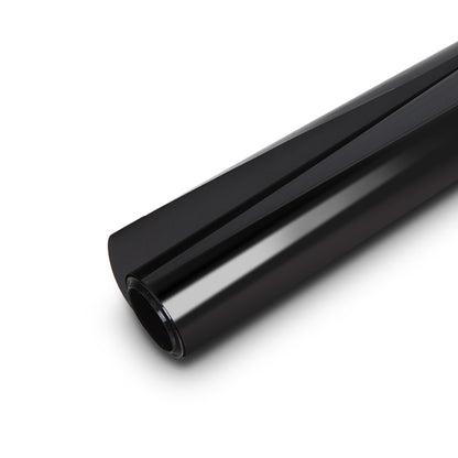 A roll of Giantz Window Tint Film Black Roll 15% VLT Home House 100cm X 30m Tinting tools, known for its UV resistance and heat insulation, is shown against a plain white background. The vinyl roll is partially unrolled, revealing the shiny surface and smooth texture, ideal for car window tinting.