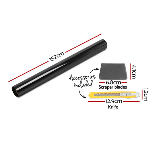 An image showing a roll of Giantz Window Tint Film Black Commercial Car Auto House Glass 152cm x 30m VLT 35% measuring 152 cm in length. Included accessories are a scraper blade (4.1 cm x 6.8 cm) and a knife (12.9 cm in length). The measurements of the items, designed for heat insulation and UV resistance, are labeled in red text.