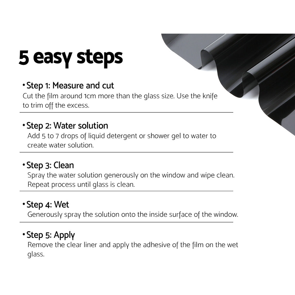 An image showing a roll of Giantz Window Tint Film Black Commercial Car Auto House Glass 152cm x 30m VLT 35% measuring 152 cm in length. Included accessories are a scraper blade (4.1 cm x 6.8 cm) and a knife (12.9 cm in length). The measurements of the items, designed for heat insulation and UV resistance, are labeled in red text.