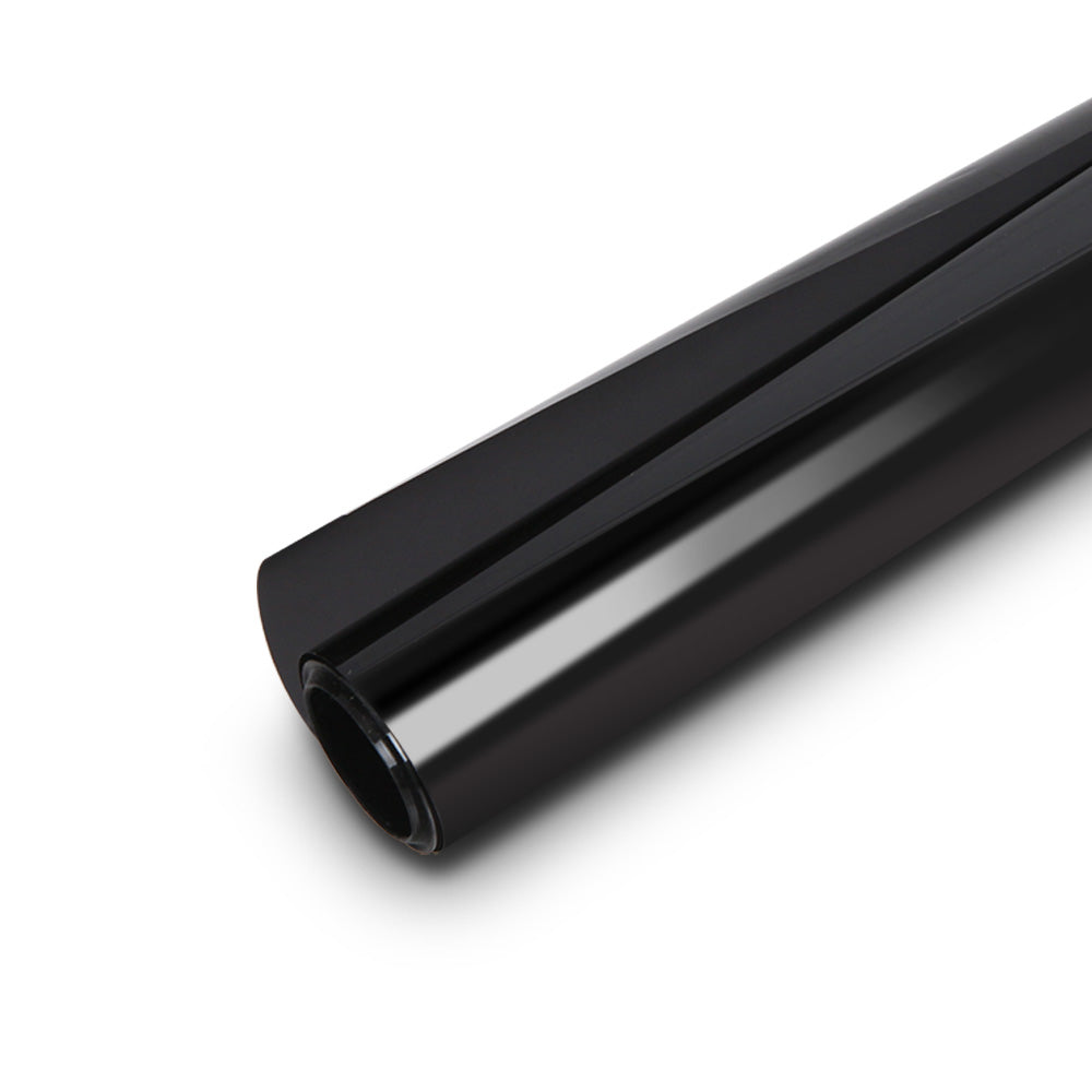 A close-up image of a black cylindrical object, likely a roll of Giantz Window Tint Film Black Roll 35% VLT Home 152cm X 30m Tinting Tools Kit, shown against a white background. The roll is partially unrolled, displaying its smooth, reflective surface that provides ultra violet light protection.