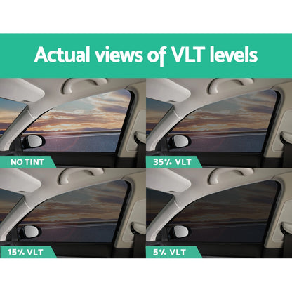 A rolled-up sheet of Giantz Window Tint Film Black Roll 15% VLT Home 76cm X 7m Tinting Tools Kit is displayed against a plain white background. The film has a glossy surface that reflects light, showcasing its smooth texture, making it perfect for reducing glare and improving home privacy.