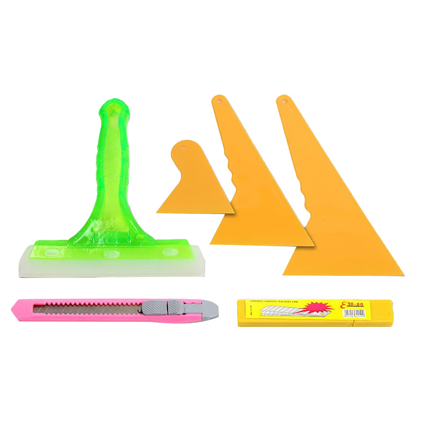 This **Giantz Window Tint Film Tinting Tools Kit Squeegee For Car House Application** includes professional window tint tools for car & home projects: a green-handled squeegee, three yellow plastic scrapers of varying shapes and sizes, a pink utility knife with a silver blade, and a yellow box of spare blades. The tools are arranged on a white background.